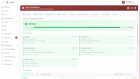 AI Decision Explainability - 92.1% confidence approval with weighted decision factors including credit score, fraud risk, DTI ratio, and compliance status